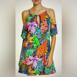 Trina Turk Tropic Escapes Purple Blue Orange Floral Cold Shoulder Dress Medium